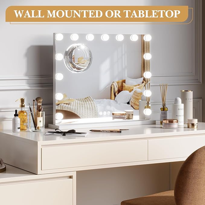Vanity Mirror with Lights, 23" x 18" Makeup Mirror with Lights, Hollywood Lighted Vanity Mirrors with 15 Dimmable LED Bulbs, 3 Color Modes, Light up Mirror with Touch Control for Bedroom, Tabletop