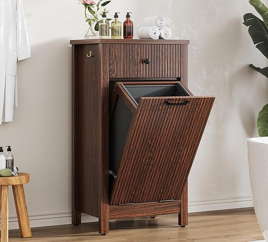 Airynee Tilt-Out Laundry Hamper Cabinet with Drawer, 10 Gallon Fluted Trash Can Cabinet with Laundry Basket, Hidden Wood Garbage Can Bin Cabinets for Bathroom & Kitchen, Brown