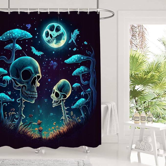 Shrahala Happy Halloween Funny Decorative Shower Curtain, Skeletons Grass Mushrooms Starry Sky Bathroom Décor Polyester Fiber Waterproof with Plastic Rings for Shower Stall Bathtubs 72 x 60 in