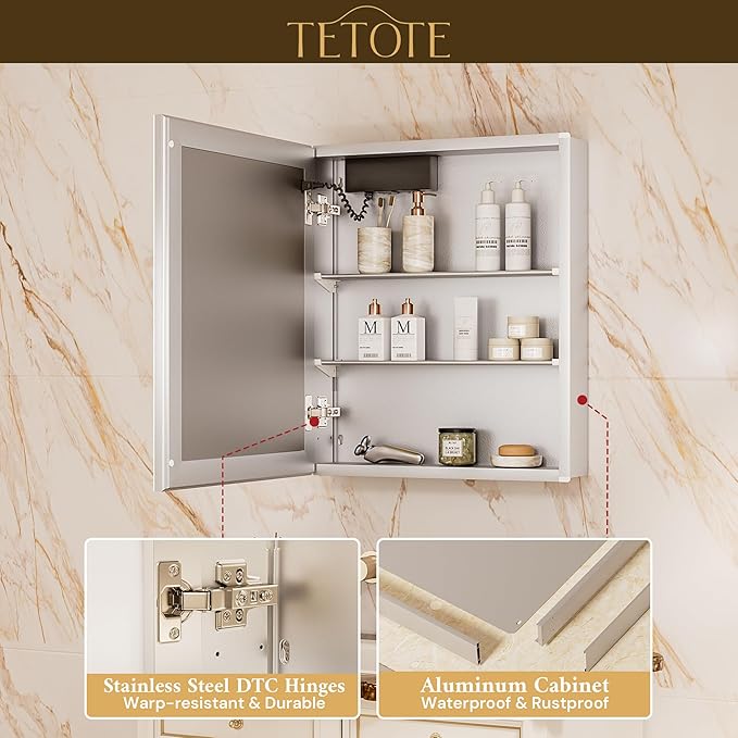 TETOTE 20 x 26 Lighted Medicine Cabinet with Mirror with Adjustable Shelves, Silver Aluminum Cabinet, Anti-Fog Stepless Dimmable 3 Colors White/Warm/Natural, Easy to Install(Wall Mount/Recessed)