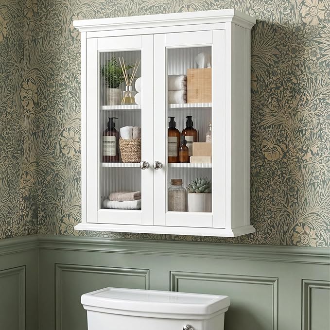 Wall Mounted Bathroom Cabinet with Fluted Glass Doors, Medicine Cabinet with Soft-Close Hinges, Space Saving Wall Organizer for Bathroom Above Toilet Storage (White)