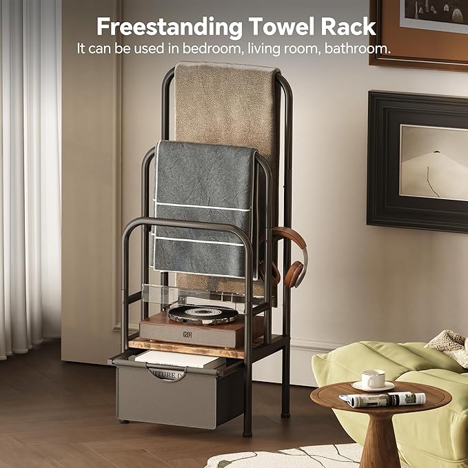 Homeiju Standing Towel Racks for Bathroom, Blanket Ladder, 3-Tier Towel Drying Rack, 15.6" L x 11.8" W x 41.7" H, Blanket Holder for Bedroom, Living Room,Rustic Brown