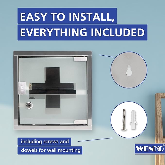 WENKO Medicine Cabinets with Lock, Wall Mounted Over The Toilet Storage Shelves, First Aid Bathroom Wall Cabinet with Safety Glass Door, Small, 9.8 x 9.8 x 4.7 in, Silver Shiny