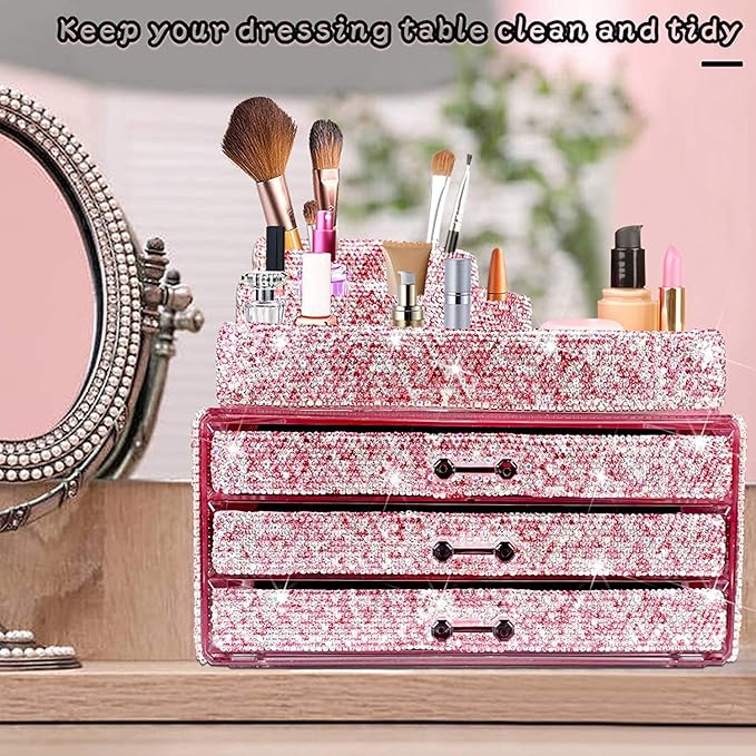 KEYPOWER Makeup Organizers Drawer Bling Diamond,Countertop Jewelry Cosmetic Storage Display Boxes,Makeup Brush Holder,2 Pieces Set(Purely Handmade)(Pink)