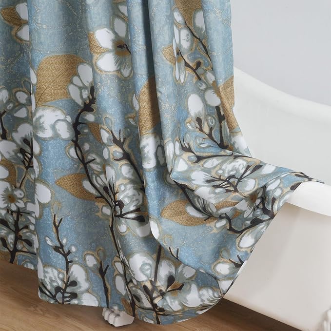 Long Fabric Floral Shower Curtain, Blue Brown Plant Flower Shower Curtains for Bathroom, 62" W x 78" H