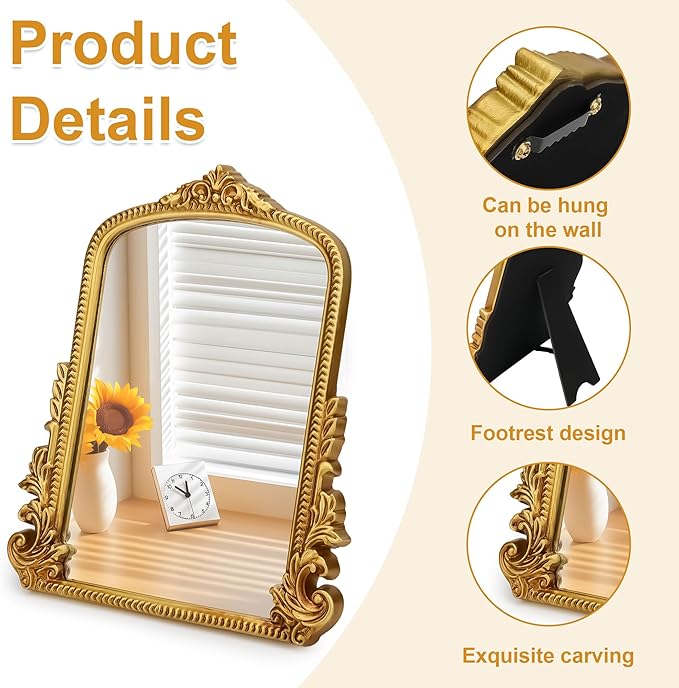 SIBAO Gold Vintage Baroque Vanity Mirror,11.8" x 9.6" Arched Tabletop Makeup Mirror with Stand and Hook,Free Standing for Bedroom,Living Room,Dresser Desktop