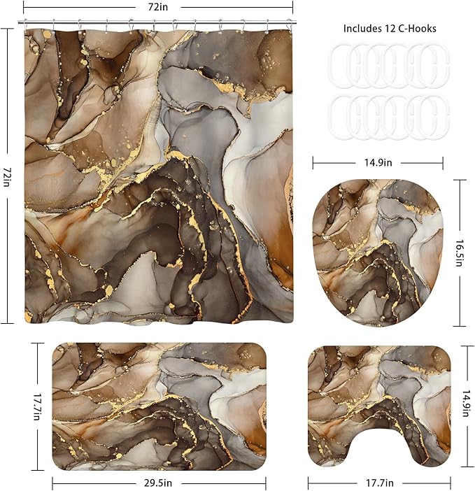 4PCS Brown Marble Bathroom Sets with Shower Curtain and Rugs, Abstract Gold Shower Curtain Sets with Rugs for Bathroom Decor, Bathroom Curtains Shower Set with Toilet Lid Cover Accessories