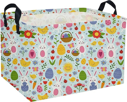 Easter Basket for Kids Gift Bunny Baskets Empty Baby Basket for Boys and Girls Rectangular Toy Storage Bins Organizer Bin Box Cute Egg Room Decor for Home(Bule Easter)