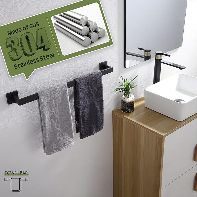 KOKOSIRI 24-Inch Single Towel Bar, Bathroom Kitchen Towel Holder, Wall Mounted SUS304 Stainless Steel Towel Rack, Matte Black, B4003BK-L24