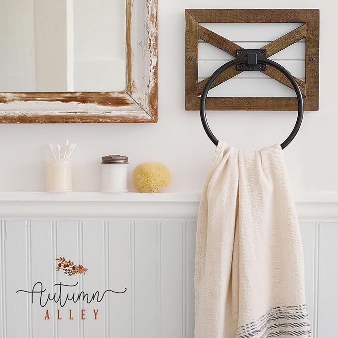 Autumn Alley Farmhouse Decor Hand Towel Ring for Bathroom - Coastal Towel Holder/Rack, Wall Mounted, Mix of Wood, Unique Shiplap & Black Ring