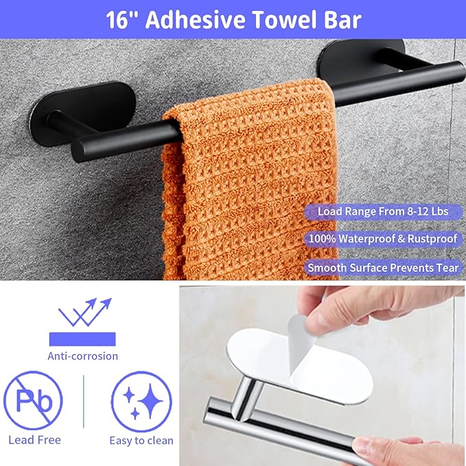 Bathroom Hardware Set, 16" Bathroom Towel Holder with Toilet Paper Holder, Towel Ring, Towel Hook, Bathroom Accessories for Kitchens, Laundry Rooms (10, Black)