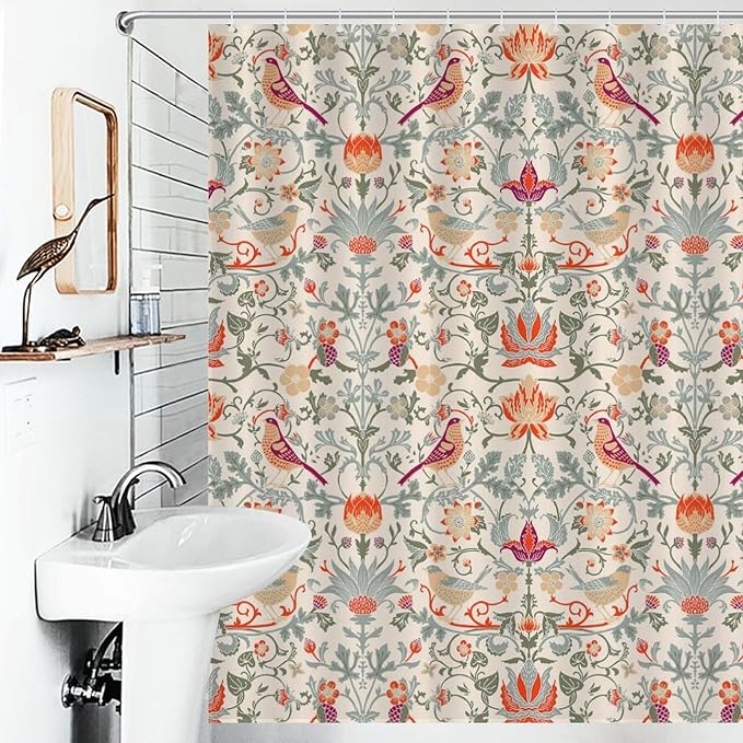 William Morris Flower Shower Curtain,Mid Century Vintage Flower Birds Elegant Animal Pattern Print Shower Curtains Sets Polyester Waterproof Fabric Decor Bathroom Curtain 72"×78" Inch With 12 Hooks