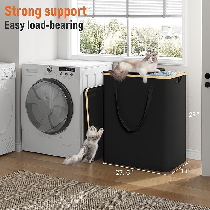 170L Laundry Hamper with Lid 3 Section, Extra Large Laundry Basket with 3 Removable Bags, Laundry Basket Organizer for Bedroom, Laundry Room, Dorm, Clothes Hamper, Black