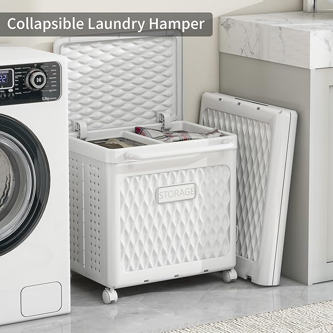 Laundry Hamper with Wheels and Lid, Foldable Clothes Basket for Small Spaces, Rolling Laundry Bin for Laundry Bathroom Bedroom Gym Room