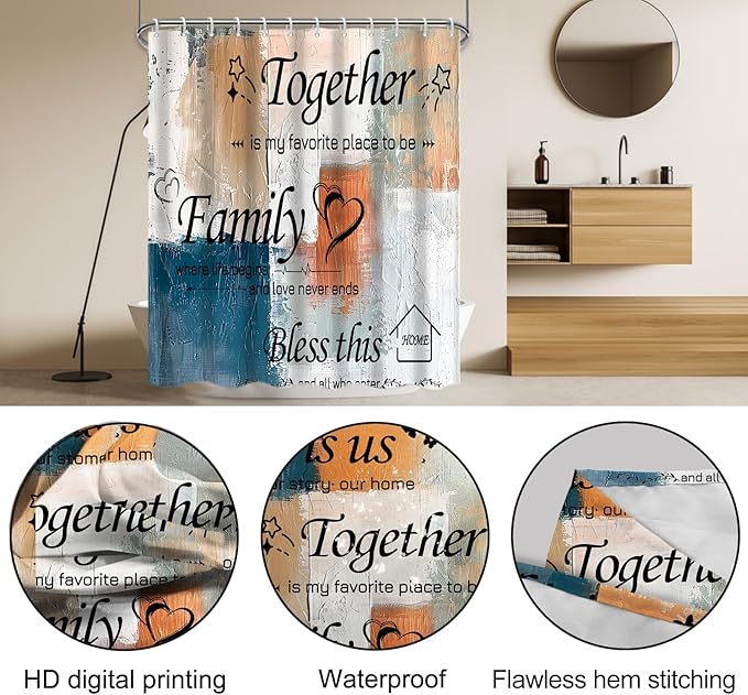 Lnond 4Pcs Bathroom Shower Curtain Sets with Rugs, Blue Orange Motivational Home Family Bathroom Sets with Shower Curtain and Rugs and Accessories