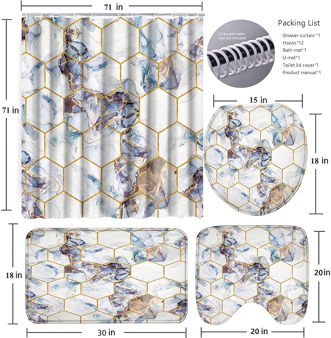 Poedist Shower Curtain Set with Rugs,Bathroom Accessory Set, Including Non-Slip Rugs,Toilet Lid Cover and Bath Mat, Waterproof Shower Curtain with 12 Hooks, Honeycomb Marble