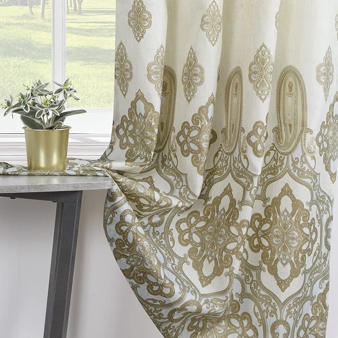 Hudson Vintage Gray Pinted Paisley Window Curtain Pair,Farmhouse Taupe 2 Panels Set,Each 42" W x 63" L and Total 84" Wide and 63" Long
