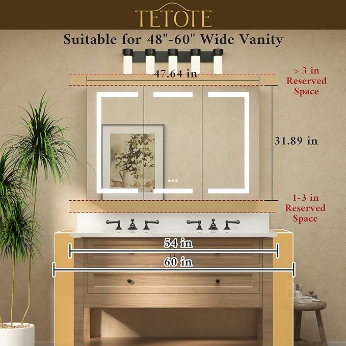 TETOTE 48 x 32 Lighted Medicine Cabinet with LED Lights, 3 Door Recessed or Wall Mount Bathroom Cabinet, Led Vanity Cabinet Mirror, Tempered Glass, Outlets & USB, Adjustable Shelf, 3-Color Lights