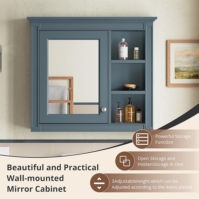 Merax Bathroom Medicine Cabinet with Mirror, 30" x 28" Wall Mounted Medicine Cabinet with Single Door and Shelves, Over The Toilet Mirrored Bathroom Storage Wall Cabinet