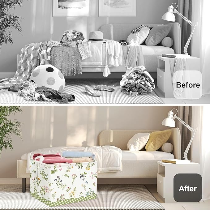 Colourful Flowers Laundry Hamper Large Storage Basket Floral Collapsible Adult Organizer Kids Clothes Toys Bins for Bedroom, Bathroom, Butterfly, 36L