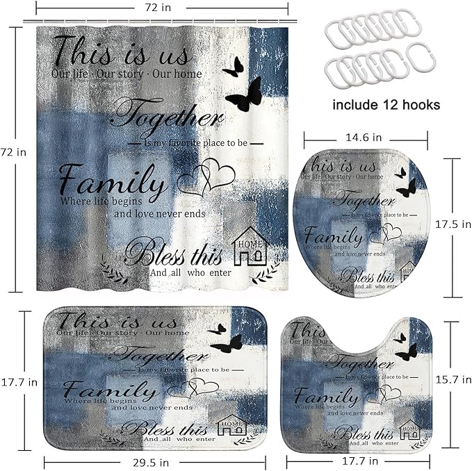 Family Home Motivational Shower Curtain Set with Toilet Lid Cover and Non-Slip Rugs for Bathroom, Blue Grey White Abstract Painting Art 4 Pcs Shower Curtain, Modern Bathroom Set with 12 Hooks