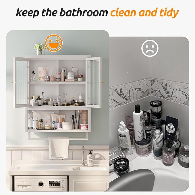 Bathroom Wall Cabinet with 2 Glass Door, Bathroom Medicine Cabinet with Towels Bar and Shelves, Over The Toilet Storage Cabinet, Metal Wall Mounted Cabinet for Kitchen (Upgraded White)