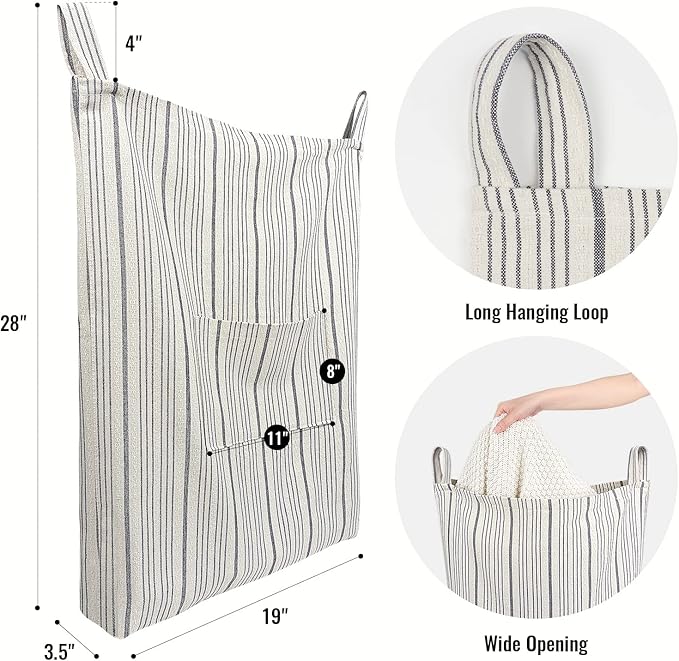 AELS Farmhouse Hanging Laundry Hamper with 2 Hooks, Washable Beige & Stripes Laundry Bag with Zipper & Wide Open Top, Over the Door Organizer for Dirty Clothes, Space Saving Storage