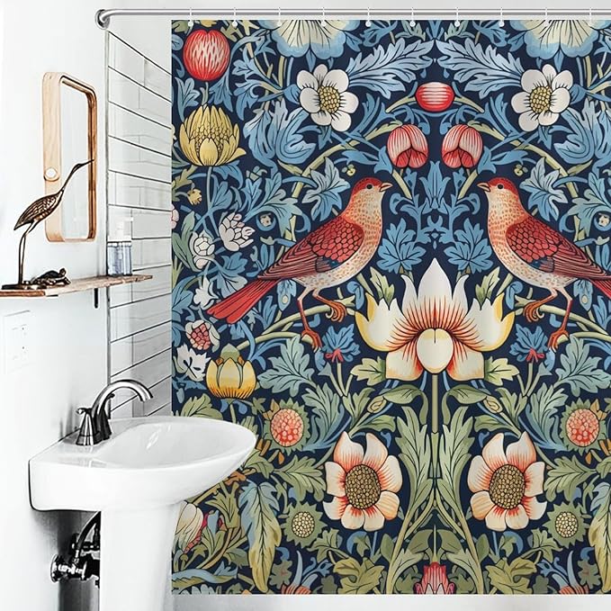 William Morris Shower Curtain,Original Design Vintage Flower Birds Elegant Animal Pattern Print Shower Curtains Sets Polyester Waterproof Fabric Decor Bathroom Curtain 72"×72" Inch With 12 Hooks
