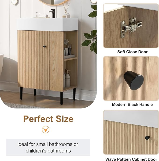 Virubi 21.6 in Small Bathroom Vanity with Sink,Doors and Storage Shelves,Wood Modern Single Fluted Bathroom Sink Cabinet Freestanding (Natural Wood,Right Shelf)