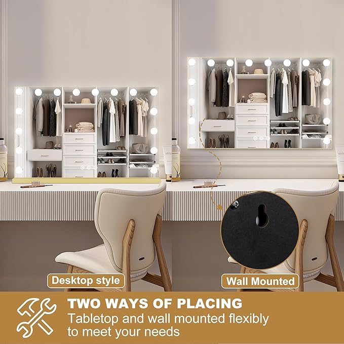 Moonee Gold Vanity Mirror with Lights, Hollywood Lighted Makeup Mirror with 17 Dimmable Bulbs and 10X Magnification, 3 Colors Modes, Aluminum Metal Frame, Light Up Mirror for Tabletop/Wall（26" x 20"）