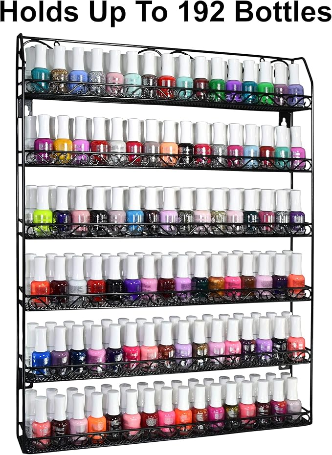 AMT 6 TIER Metal Nail Polish Racks for The Wall, Up to 192 Bottles, Clear Nail Polish Display | Essential Oils Organizer | Holds up to 192 Bottles. (Black - 2 Pack)