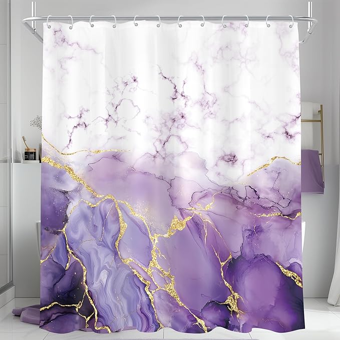 Cinbloo Purple Marble 72Wx84H Shower Curtain Extra Long Abstract Modern Lilac Gold Cracked Lines Ombre Minimalist Elegant Contemporary Bathroom Curtain Set Aesthetic Bath Bathroom Accessories Decor