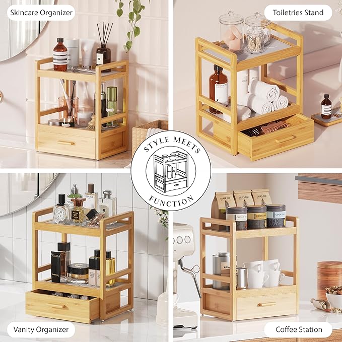 2 Tier Bathroom Organizer Countertop, Bamboo Vanity Organizers and Storage with Drawer for Skincare & Makeup, Counter Shelf with Stone Drying Mat for Coffee Bar, Kitchen, Matcha Station