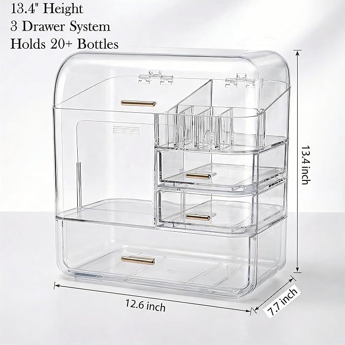 Luxury Makeup Organizer with 3 Drawers & Dustproof Flip Lid, Large Capacity Cosmetic Display Case for Vanity, Clear Countertop Skincare Storage with 6 Lipstick Slots