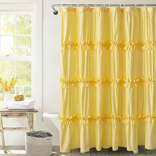 Farmhouse Ruffle Shower Curtain with Handmade Ruched, Vintage Ruffled Fabric Bathroom Curtains, Decorative Elegant Bathroom Curtain with 12 Holes, Bright Yellow, 72" W x 72" H(N60049)