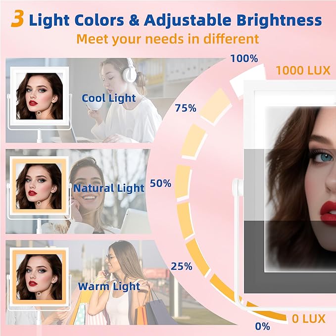 Ruacq Makeup Mirror with Lights, 4000mAh Rechargeable Magnifying Mirror with Light, 1X/10X, Height Adjustable Bathroom Vanity Mirror, 3 Colors, Adjustable Brightness (White)
