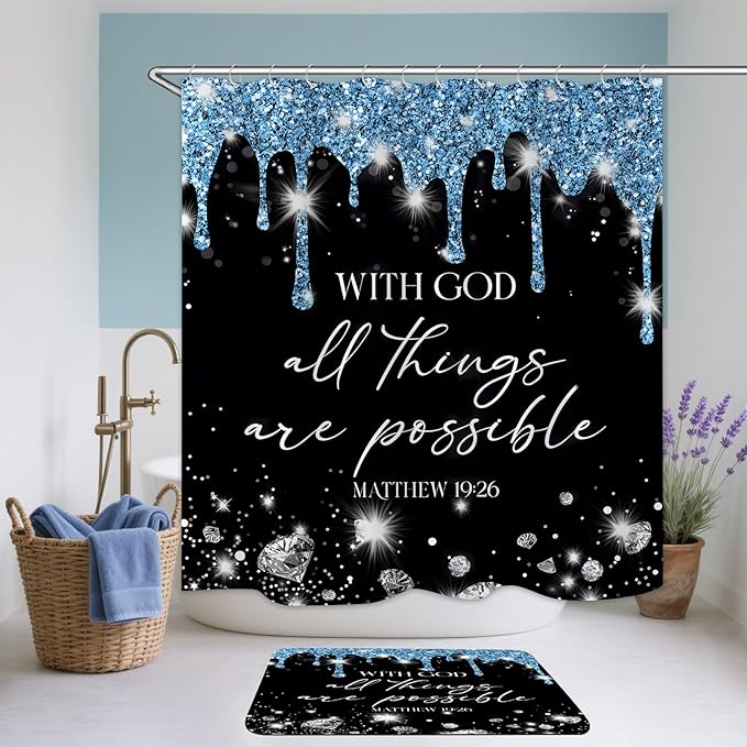 4 Pcs Black Blue Diamonds Shower Curtain Set with Rugs and Toilet Lid Cover, Black White Bible Verse Waterproof Fabric Bathroom Set, Christian Scripture Shower Curtain Bathroom Decor Set Accessories