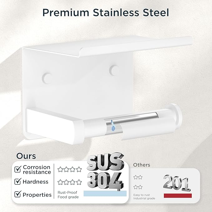 FORIOUS Toilet Paper Holder with Shelf, Adhesive or Screw Wall Mount Toilet Paper Roll Holder for Bathroom, Rustproof 304 Stainless Steel Toilet Roll Tissue Holder Dispenser with Shelf (1, White)