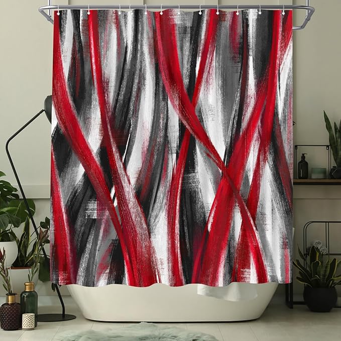 WELMECO Geometric Shower Curtain Modern Abstract Shower Curtain Bathroom Decor Polyester Fabric, 72x72inch (Red and Grey)