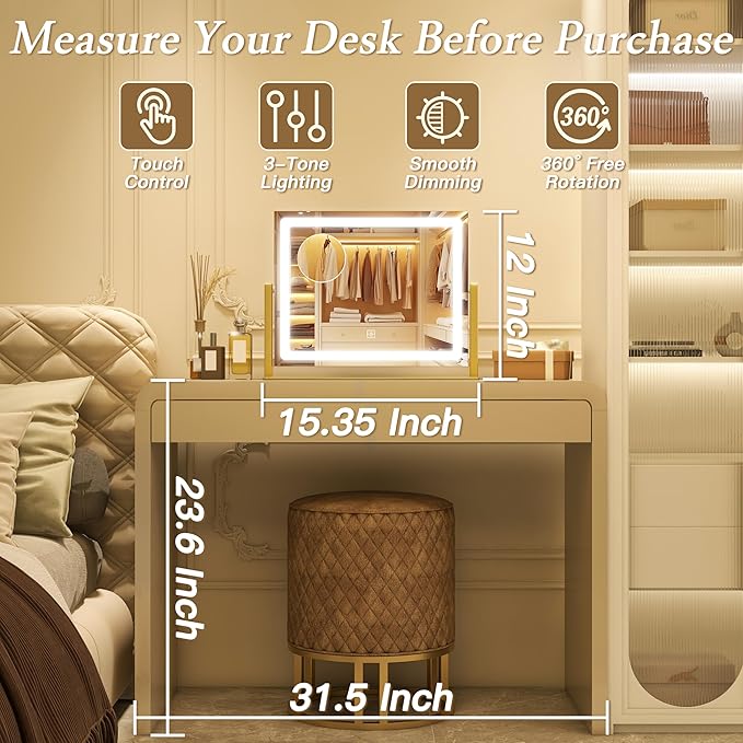 12" x16" LED Vanity Mirror with Lights, Gold Makeup Mirror with Lights, 10X Magnification Mirror with 3 Color Modes＆Dimmable, Light up Makeup Mirror for Vanity Desk, Travel