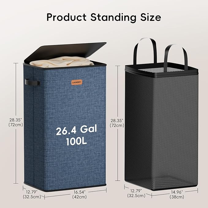 100L Laundry Hamper with Lid, Large Clothes Hampers with Removable Bag, Collapsible Laundry Basket for Bathroom, Bedroom, Laundry Room, Dorm, Navy Blue