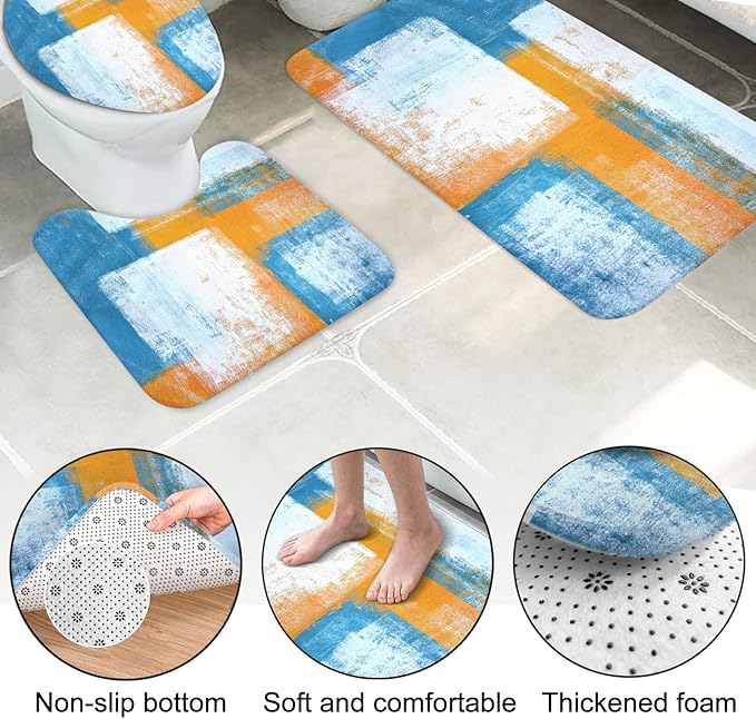 Lnond 4Pcs Bathroom Shower Curtain Sets with Rugs,Blue Orange Painting Art Bathroom Sets with Shower Curtain and Rugs and Accessories