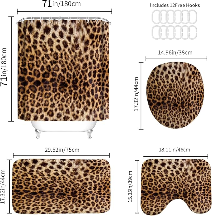 Onalasyc 4 Pcs Leopard Shower Curtain,Cheetah Print Bathroom Set Shower Curtain Sets with Rugs,Brown Animal Print Shower Curtain Bathroom Decor Sets,juego de ba??os de Set completo with 12 Pcs Hook