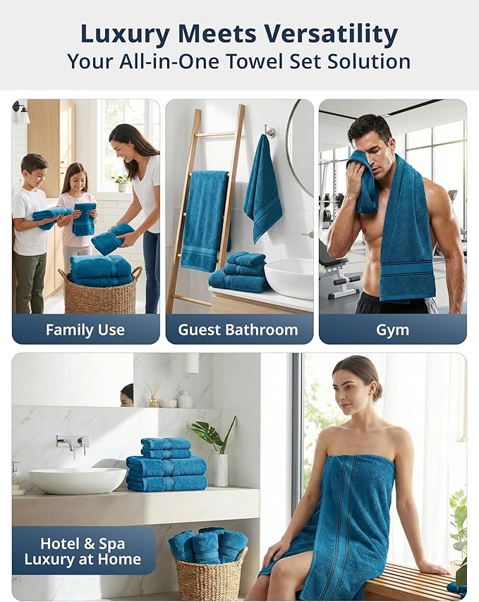 LANE LINEN 18Pc 100% Cotton Bath Towels – 6 Bath, 6 Hand Towel & 6 Washcloths, Zero Twist, Absorbent Softness for Daily Use, Perfect for Airbnb, Spa & Hotel, Machine Washable – Sea Port