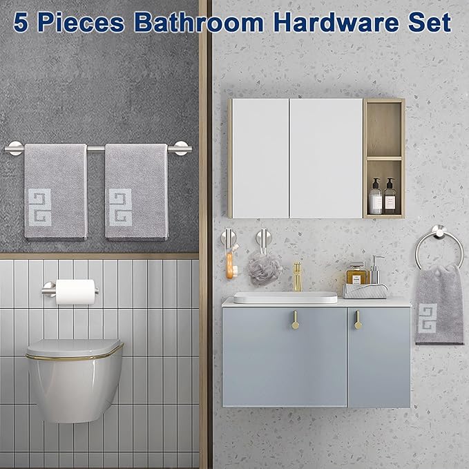 NearMoon 5 Pieces Bathroom Hardware Set SUS304 Thicken Stainless Steel-Towel Rack Kit Include 24" Towel Rod +Bath Towel Ring +Toilet Paper Holder +2 Robe Towel Hooks Bath Accessories (Nickel)