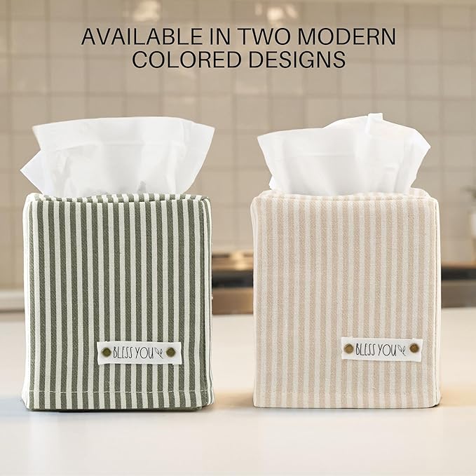 Stylish Tissue Box Cover - This Sage Striped Linen Holder Instantly Covers Your Square Tissue Boxes - The Perfect Cube Cover for Your Bathroom and Home