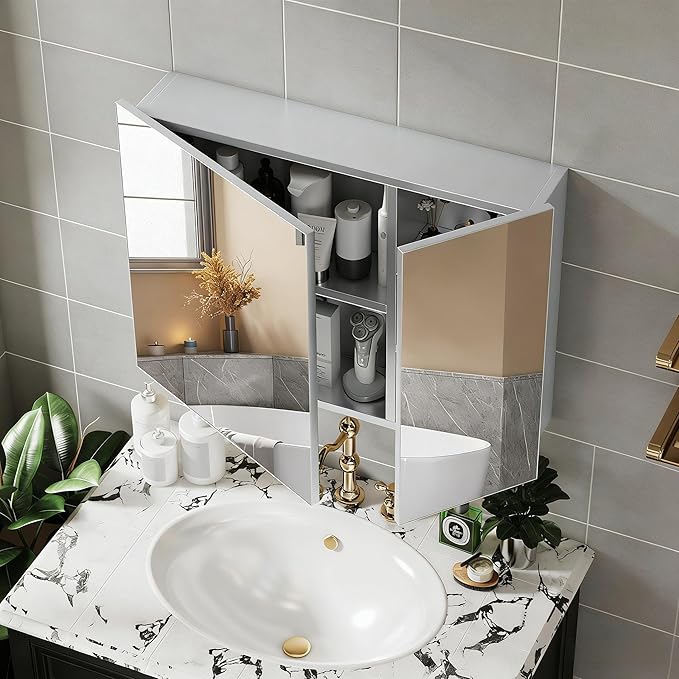 24x32 Inch Bathroom Medicine Cabinet with Mirror, Pre-Assembled Bathroom Medicine Cabinets, Surface/Recessed Wall Mounted Farmhouse Large Medicine Cabinet, Sliver
