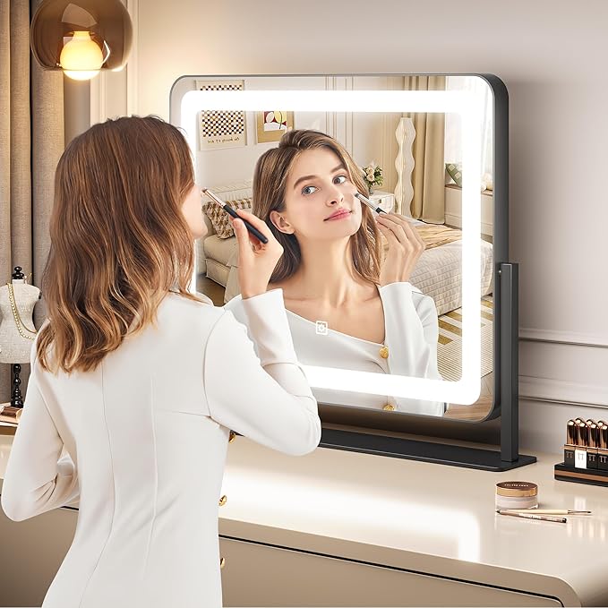 19.6 in x15.7 in Vanity Mirror with Lights, Large Lighted Mirror, LED Makeup Mirror with 3-Color Dimmable Modes and Smart Touch Control, Perfect for Desk or Bedroom, Vanity Desk Tabletop Makeup, White