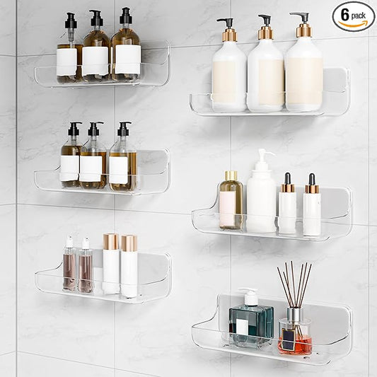 6 Pack Acrylic Bathroom Shelves, Clear Adhesive Stick on Shelf with 12 Pack Adhesive