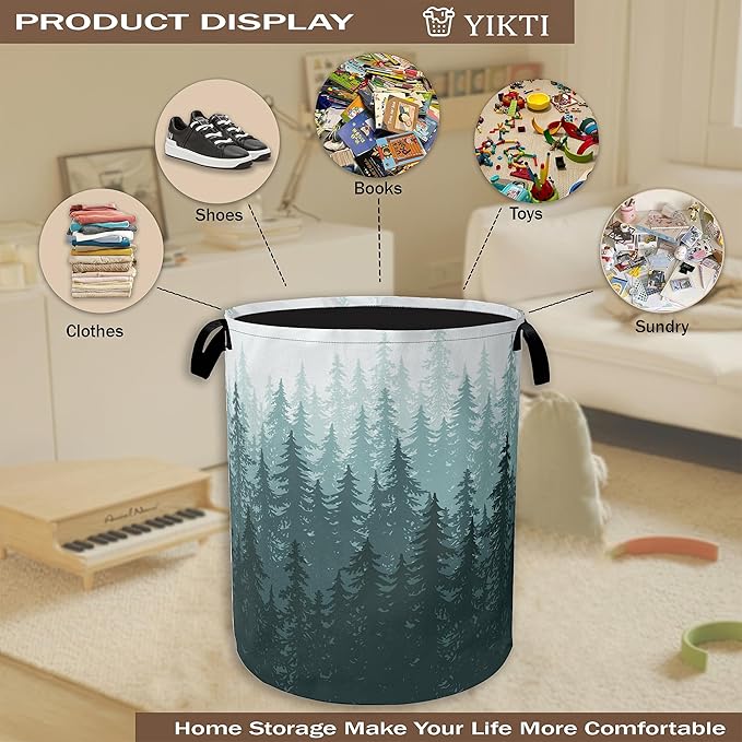 Foggy Forest Laundry Hamper,Green Tree Clothes Hamper for Laundry,Waterproof Oxford Toy Storage Collapsible Hampers for Bedroom, Dorm Room,Bathroom,16x20 Inch